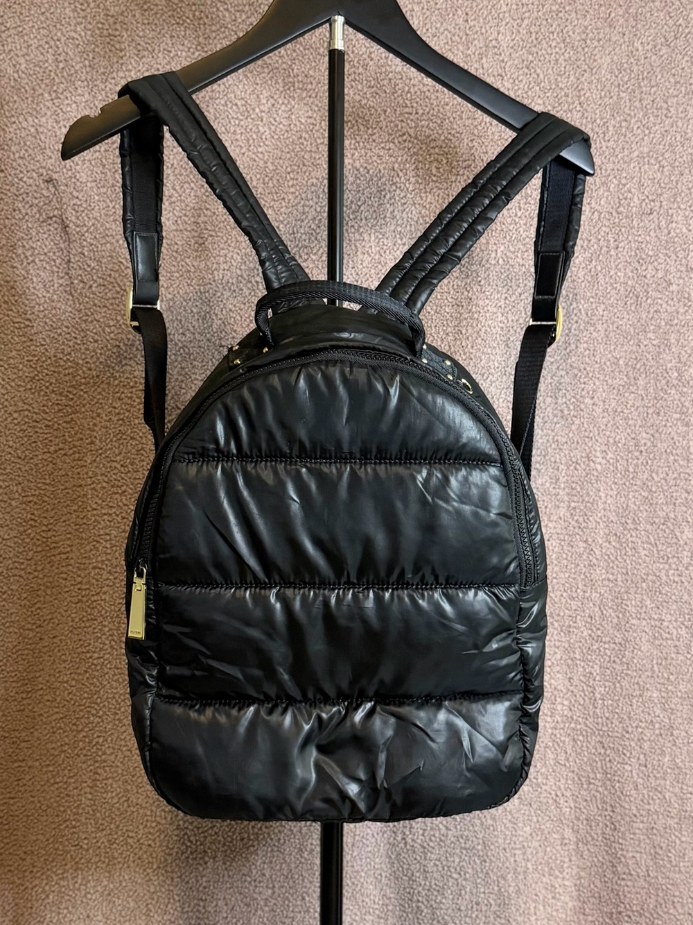 Tommy Hilfiger Black Puffer Backpack Gold Hardware Quilted Nylon Bag